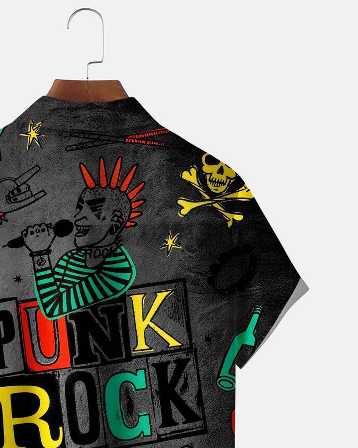 Alohadaddy® Men’s Short-Sleeve Button-Down Shirt with Pocket Vintage Rock &amp; Roll Graphic Print