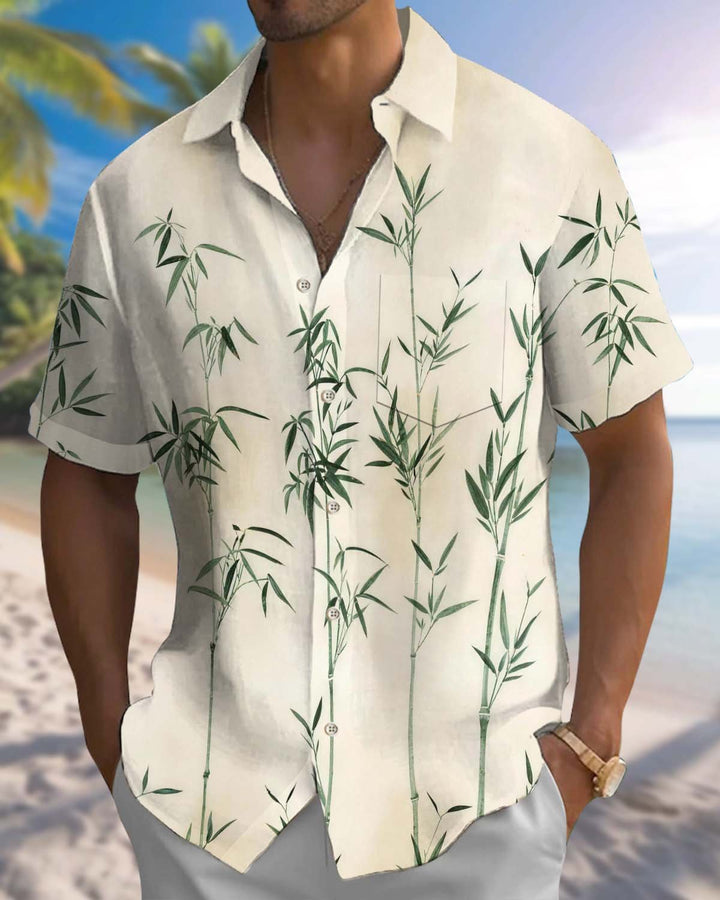 Alohadaddy® Men’s Short-Sleeve Button-Down Shirt with Bamboo Print Featuring a Chest Pocket