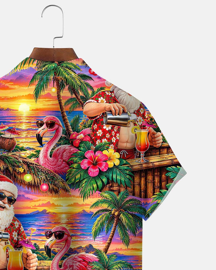 Alohadaddy® Men’s Short-Sleeve Button-Down Shirt Hawaiian-Style Christmas Flamingo Print with Chest Pocket