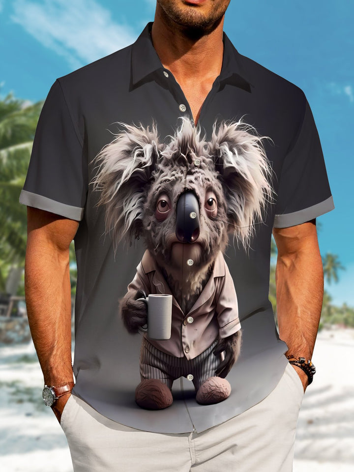Alohadaddy Hawaii Vacation Koala Print Art Pocket Button Short Sleeve Stretch Large Size Men&