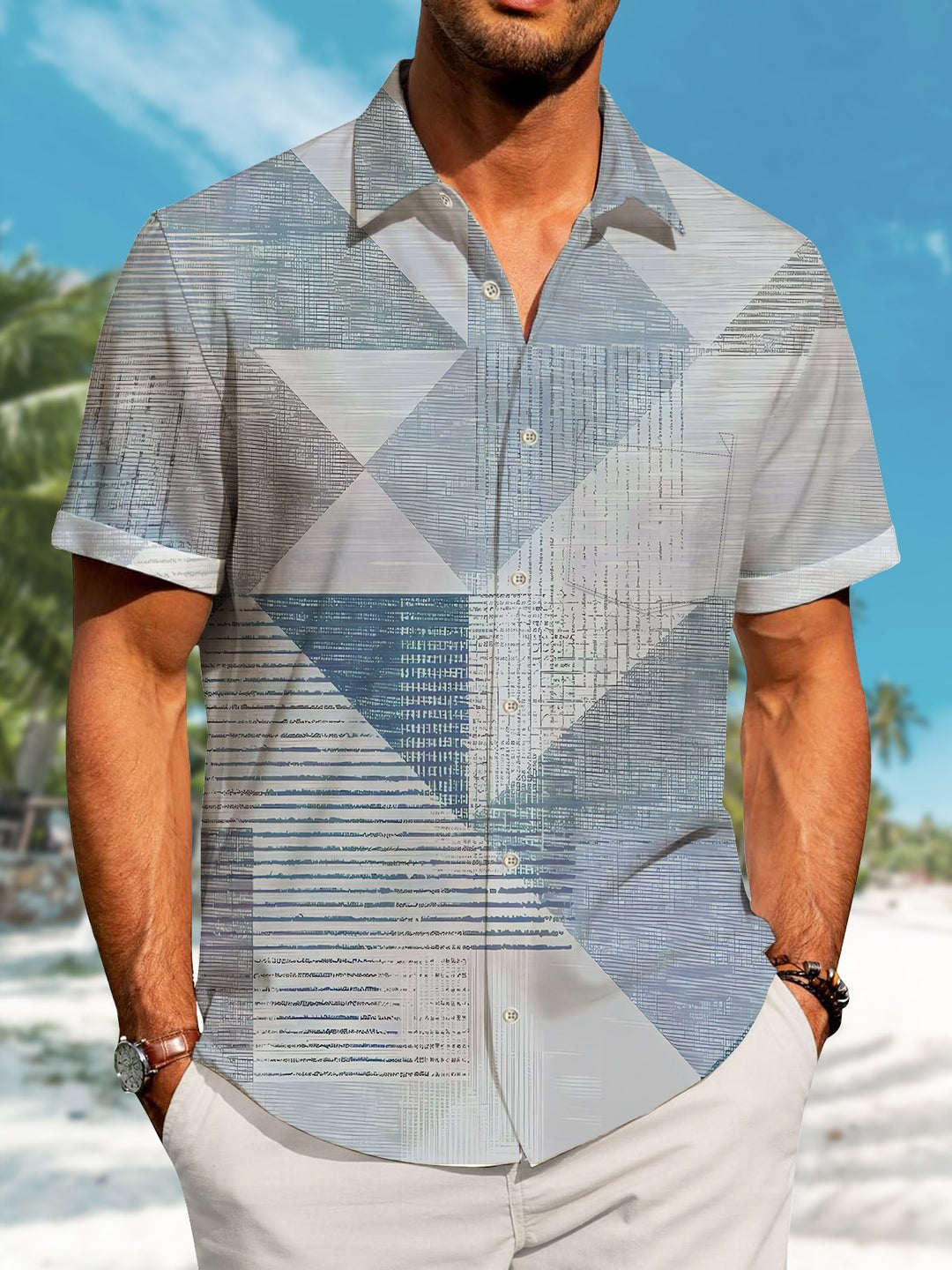 Alohadaddy Hawaiian Casual Geometric Pattern Pockets Buttons Stretch Large Size Men&