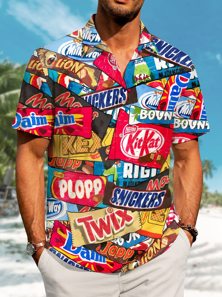 Alohadaddy Casual Retro Series Candy Paper Print Art Pocket Button Elastic Large Size Shirt