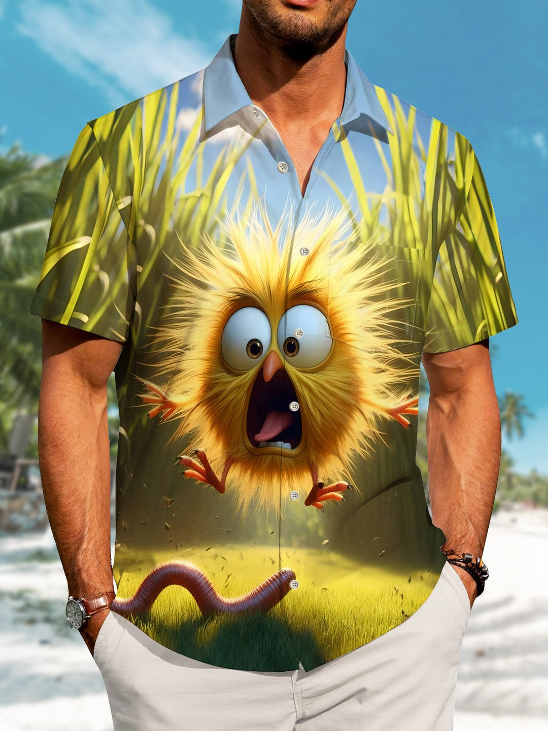Alohadaddy Hawaiian Holiday Style Little Yellow Chicken Print Art Pocket Button Elastic Large Size Shirt