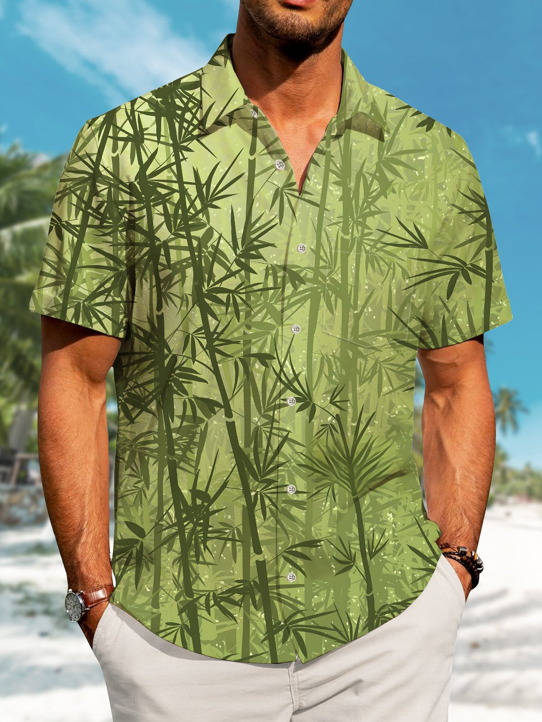 Alohadaddy Hawaiian Bamboo Art Print Button Cardigan Pockets Stretch Oversized Short Sleeve Shirt