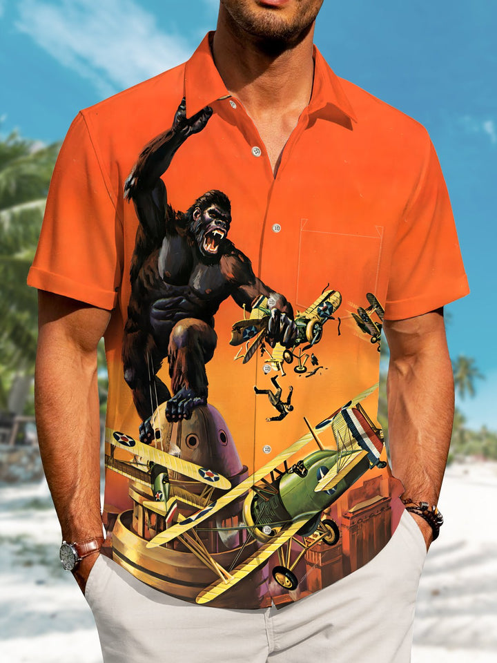 Alohadaddy Hawaii Ombre Gorilla and Fighter Pocket Button Cardigan Stretch Large Size Short Sleeve Shirt
