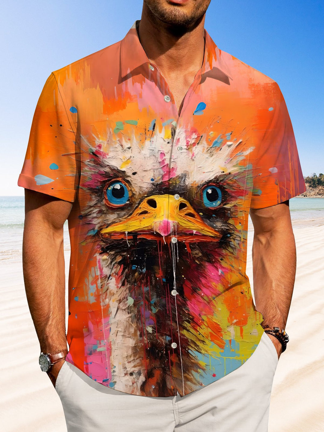 Alohadaddy Hawaiian Ink Painting Colorful Ostrich Print Button Cardigan Pocket Stretch Large Size Short Sleeve Shirt