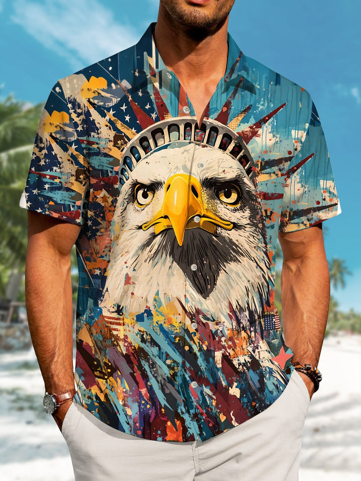 Alohadaddy Holiday Collection Independence Day American Eagle Button Cardigan Pockets Stretch Oversized Polyester Short Sleeve Shirt