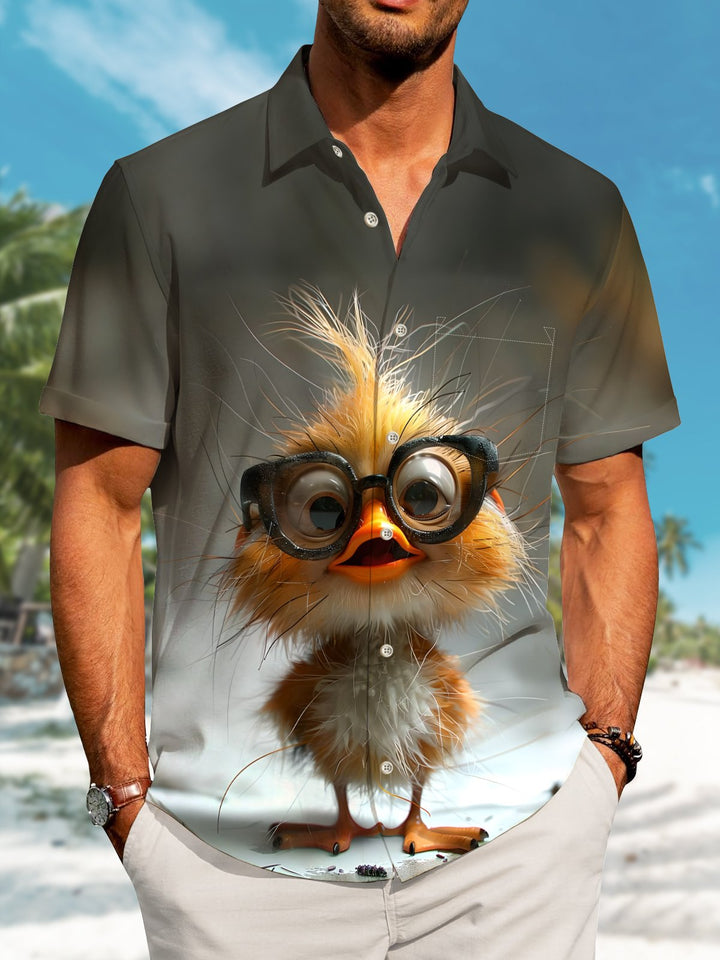 Alohadaddy Hawaiian Yellow Chicken Casual Print Art Button Cardigan Pocket Elastic Large Size Short Sleeve Shirt