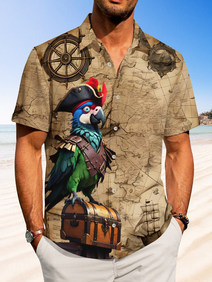Alohadaddy Hawaiian Casual Nautical Chart Parrot Art Print Button Cardigan Pockets Stretch Oversized Polyester Short Sleeve Shirt