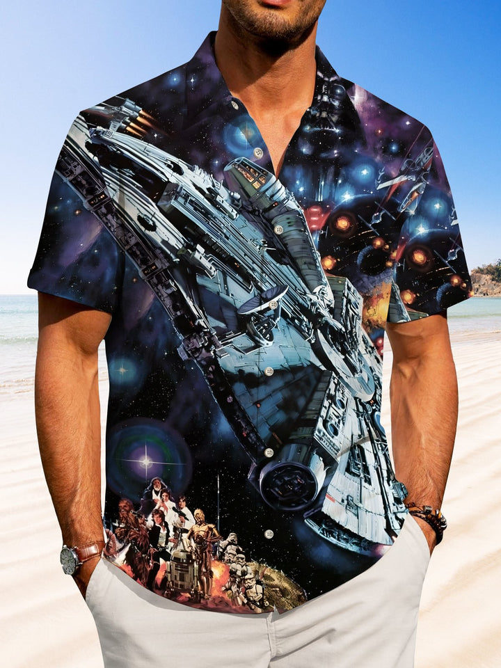 Alohadaddy Casual Collection Retro Star Wars Art Print Button Cardigan Pocket Stretch Oversized Long Short Sleeve Shirt