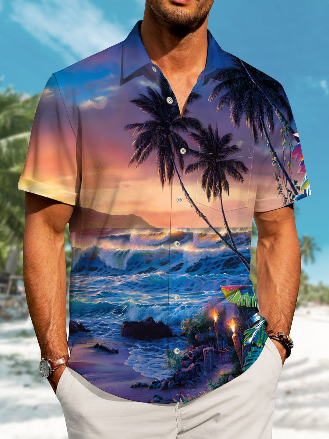 Alohadaddy Hawaii Palm Trees Vacation Beach Painting Art Buttons Cardigan Pockets Stretch Large Size Long Short Sleeve Shirt