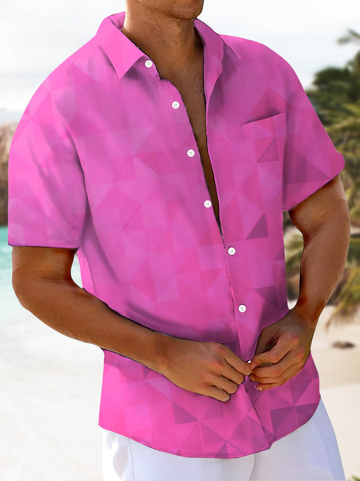 Alohadaddy Leisure Collection Geometric Triangle Gradient Color Print Art Pocket Cardigan Button Polyester Stretch Short Sleeve Shirt