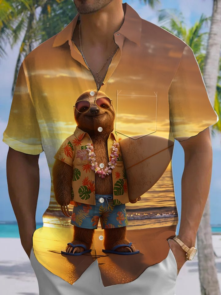 Alohadaddy Hawaii Vacation Sloth Surfboard Print Art Button Cardigan Pockets Breathable Soft Long Large Size Short Sleeve Shirt