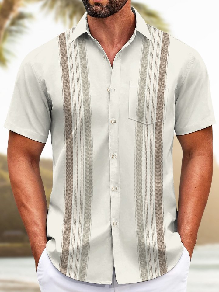 Alohadaddy Moisture Wicking Stripes Print Art Stretch Oversized Chest Pocket Short Sleeve Shirt