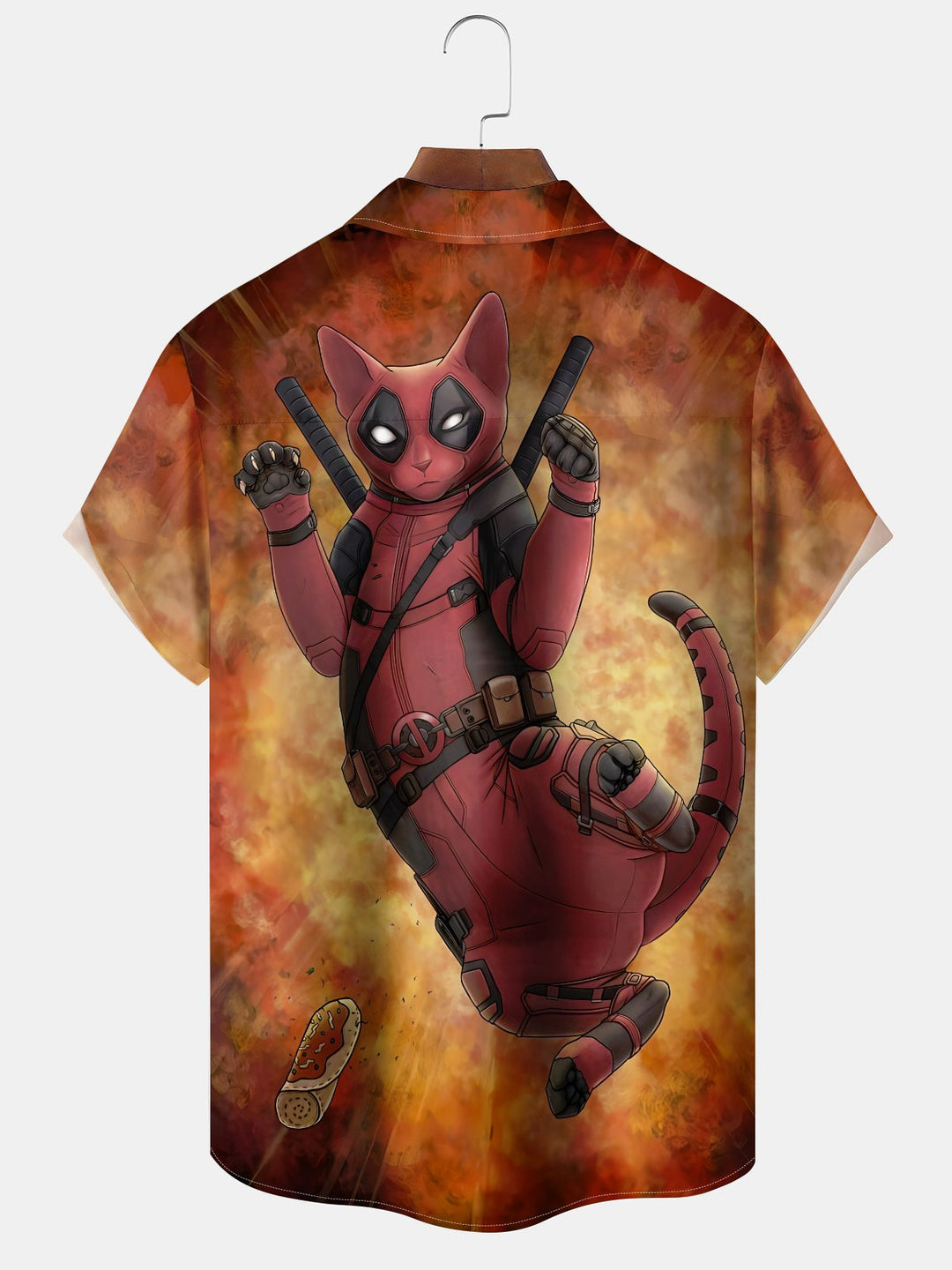 Alohadaddy® Casual Vintage Deadpool Cat Print Art Chest Pocket Moisture Wicking Oversized Hawaiian Shirt