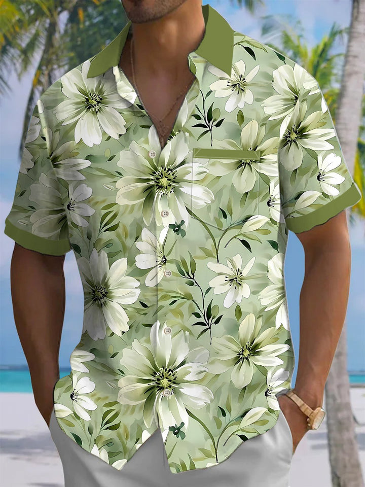 Alohadaddy® Hawaiian Floral Contrast Art Print Chest Pocket Men&