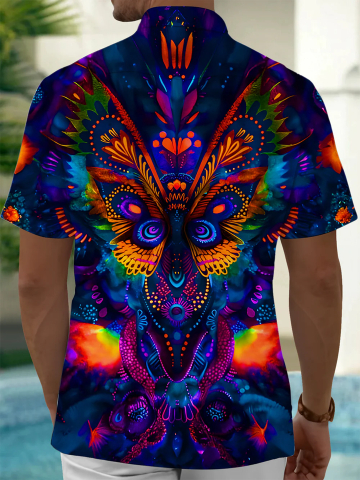 Alohadaddy® Vintage Abstract Butterfly Art Print Chest Pocket Mens Short Sleeve Shirt Big &amp; Tall