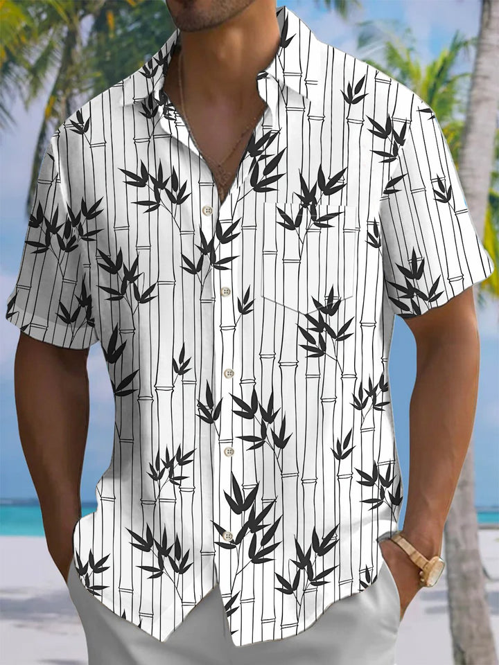 Alohadaddy® Casual Geometric Bamboo Art Print Chest Pocket Men&