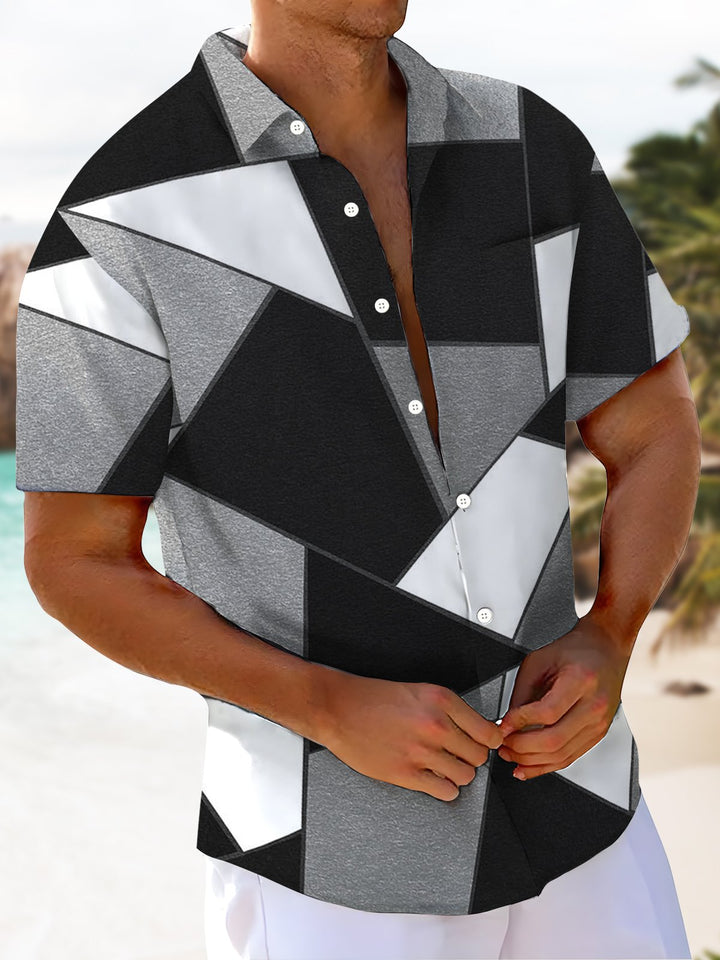 Alohadaddy® Casual Geometric Art Print Chest Pocket Stretch Men&