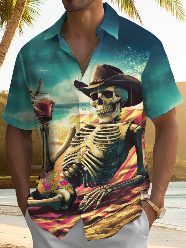 Alohadaddy® Hawaiian Vacation Skull Art Print Chest Pocket Men&