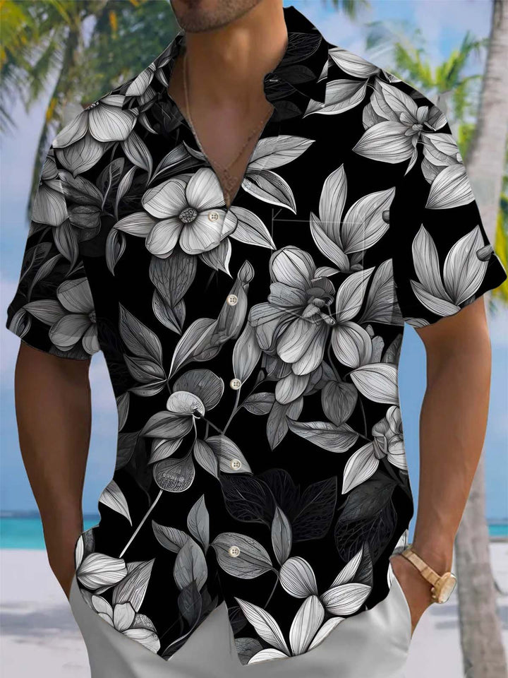 Alohadaddy® Casual Floral Art Print Chest Pocket Stretch Men&