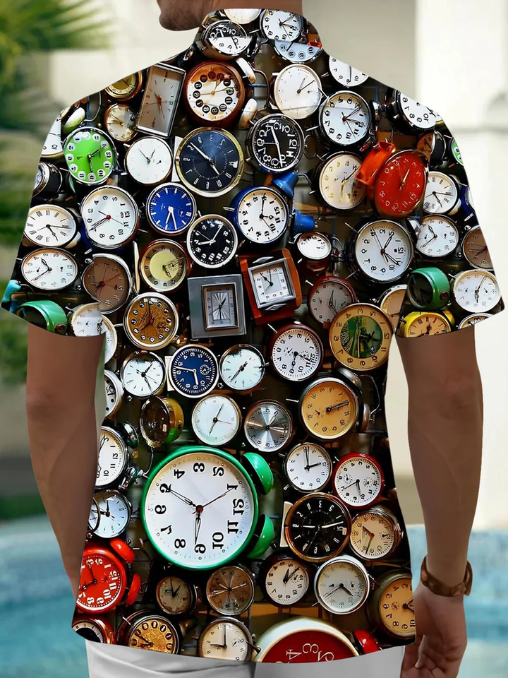 Alohadaddy® Vintage Alarm Clock Printed Artwork Chest Pocket Stretch Men&
