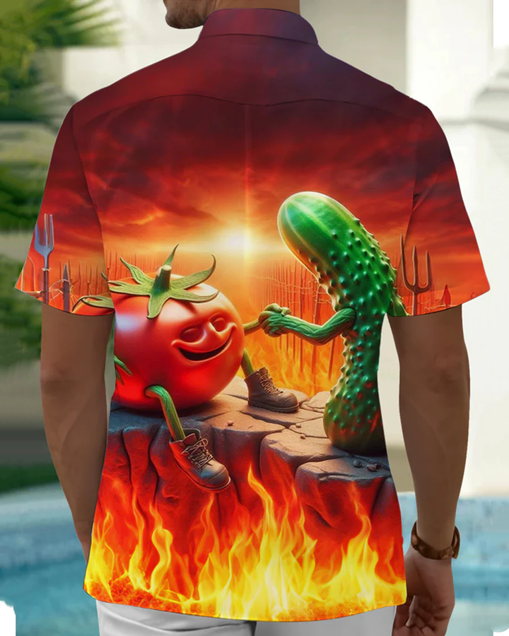 Alohadaddy® Retro Cartoon Volcano and Vegetable Print Stretch Button Men&