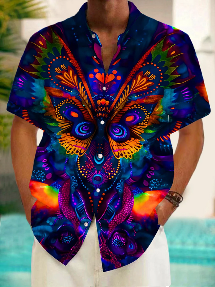Alohadaddy® Vintage Abstract Butterfly Art Print Chest Pocket Mens Short Sleeve Shirt Big &amp; Tall
