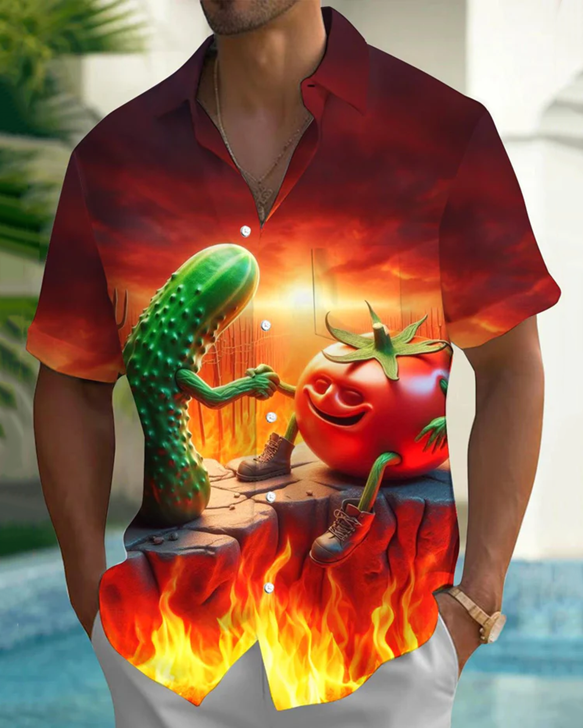 Alohadaddy® Retro Cartoon Volcano and Vegetable Print Stretch Button Men's Short-Sleeve Shirt Big & Tall