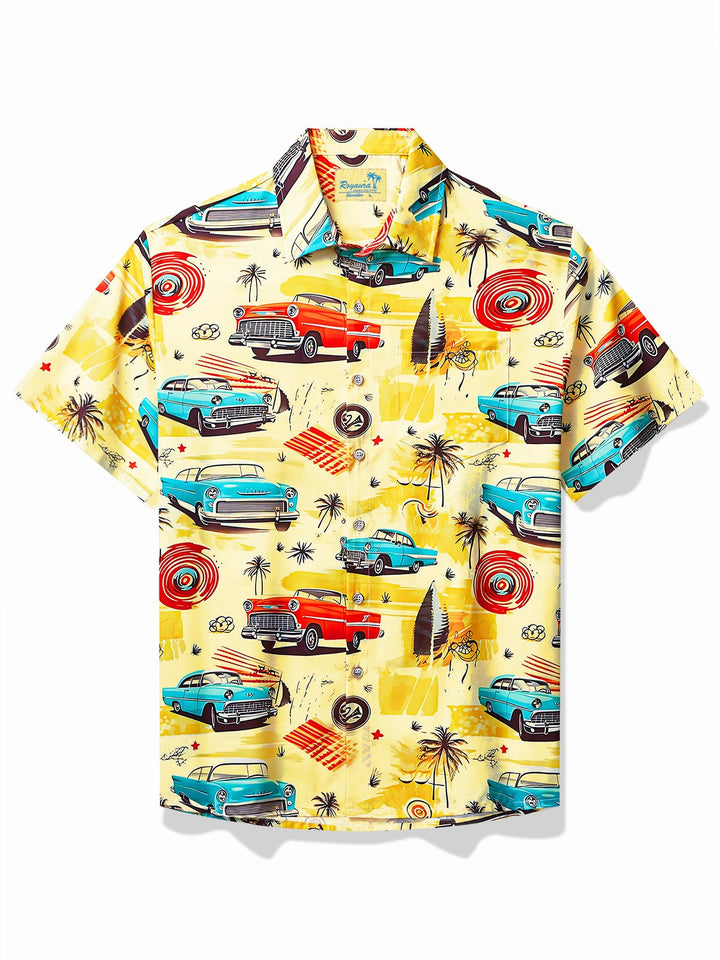 Camisa de manga corta con bolsillo abotonado y estampado de coches retro para hombre de Alohadaddy