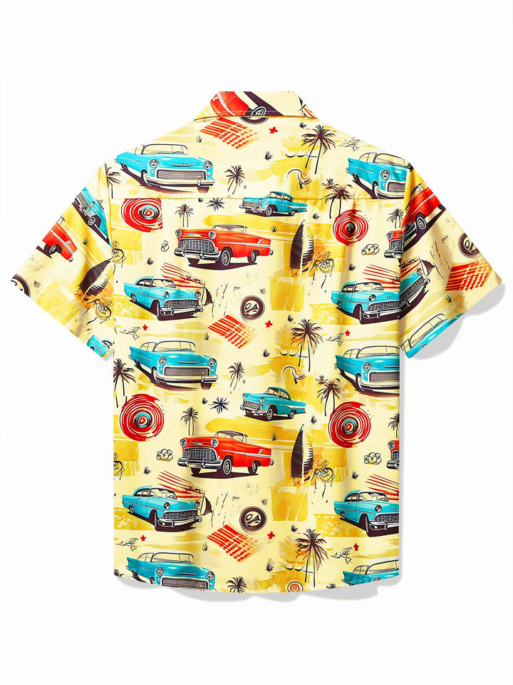 Camisa de manga corta con bolsillo abotonado y estampado de coches retro para hombre de Alohadaddy