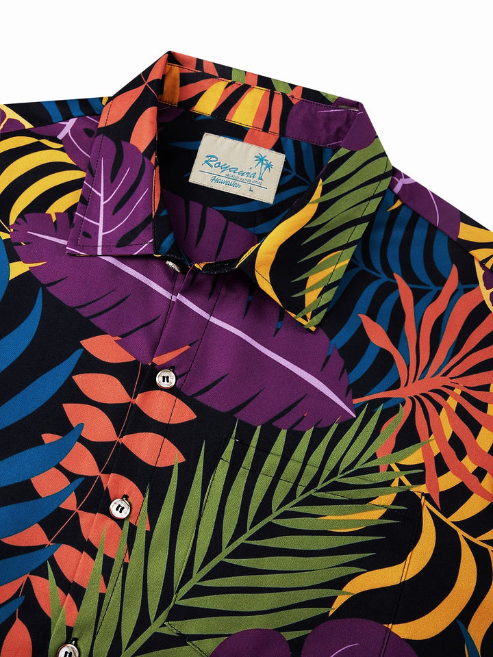 Camisa de manga corta con bolsillo abotonado y estampado de hojas de plantas hawaianas para hombre de Alohadaddy