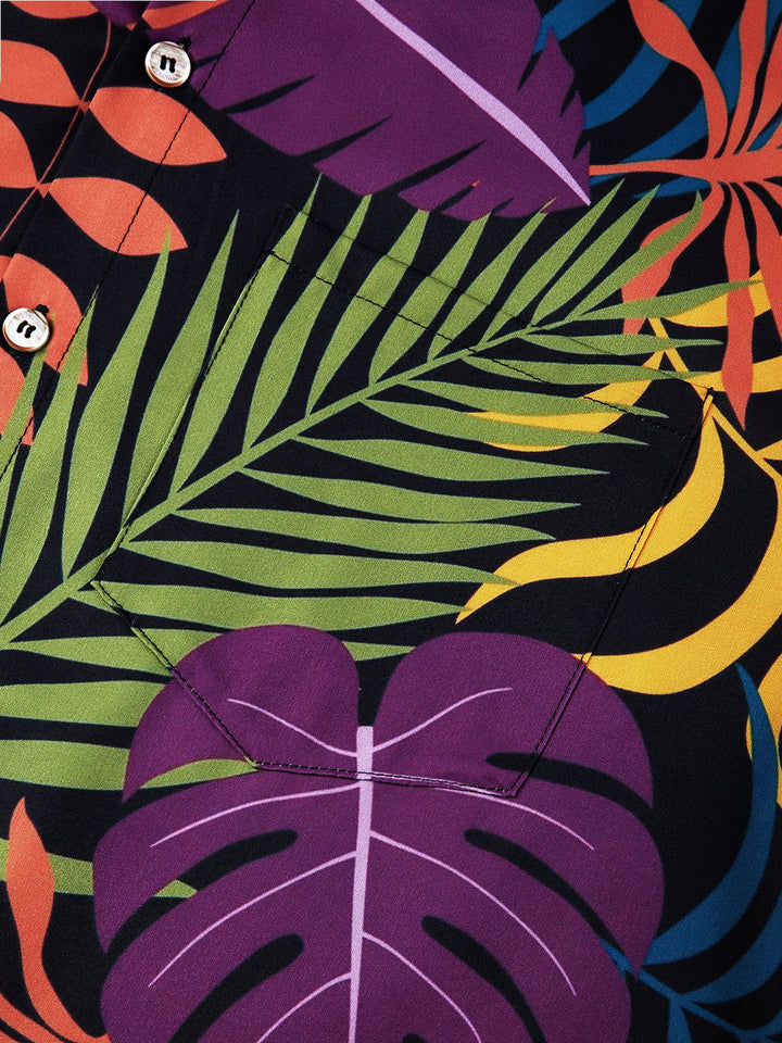 Camisa de manga corta con bolsillo abotonado y estampado de hojas de plantas hawaianas para hombre de Alohadaddy