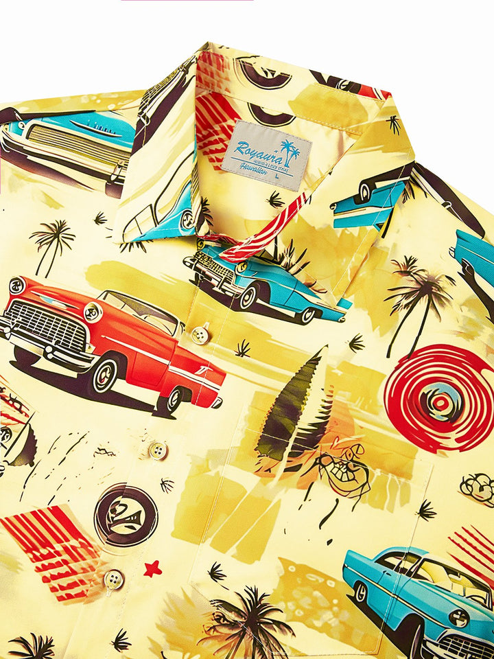 Camisa de manga corta con bolsillo abotonado y estampado de coches retro para hombre de Alohadaddy