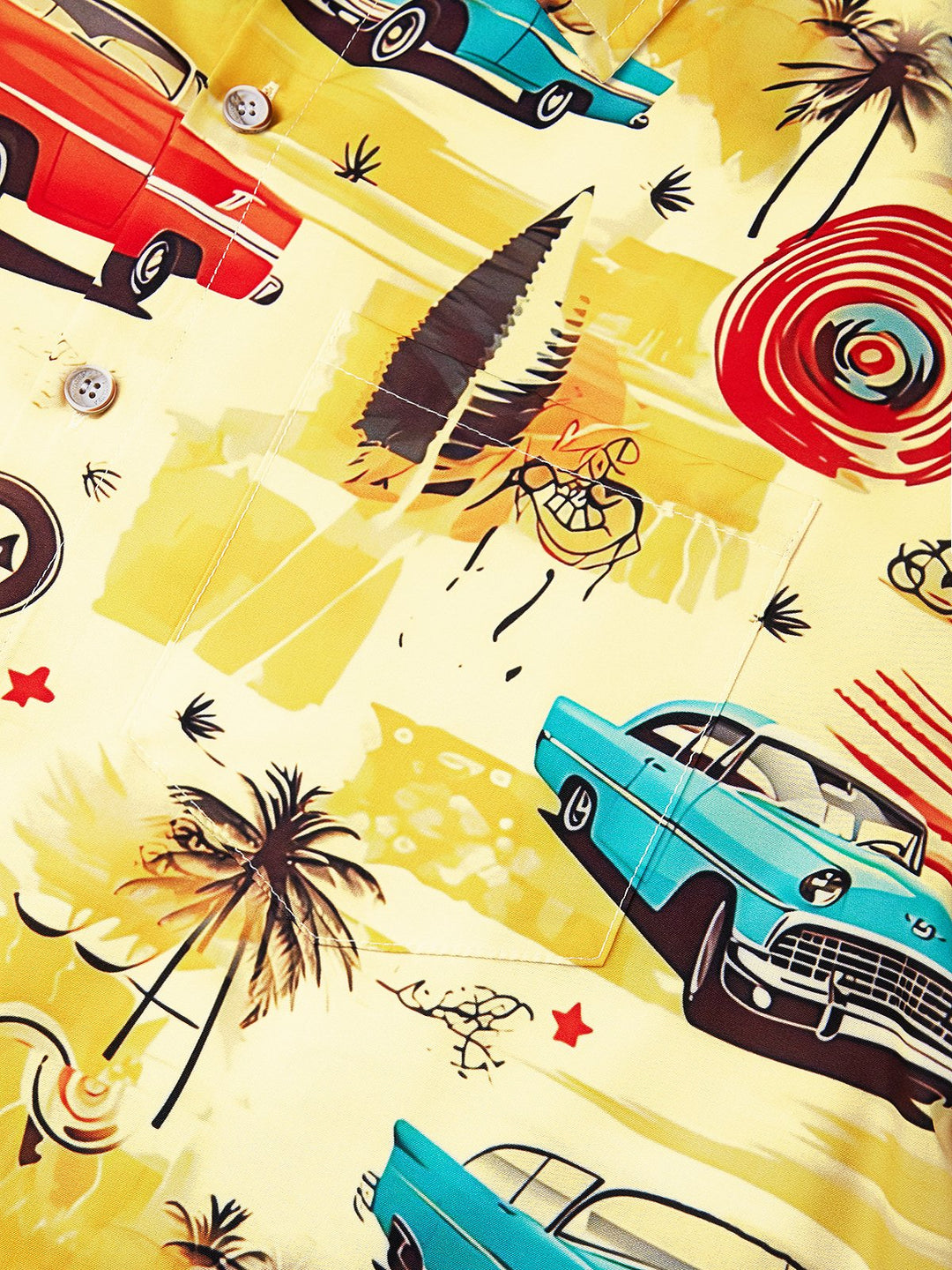 Camisa de manga corta con bolsillo abotonado y estampado de coches retro para hombre de Alohadaddy