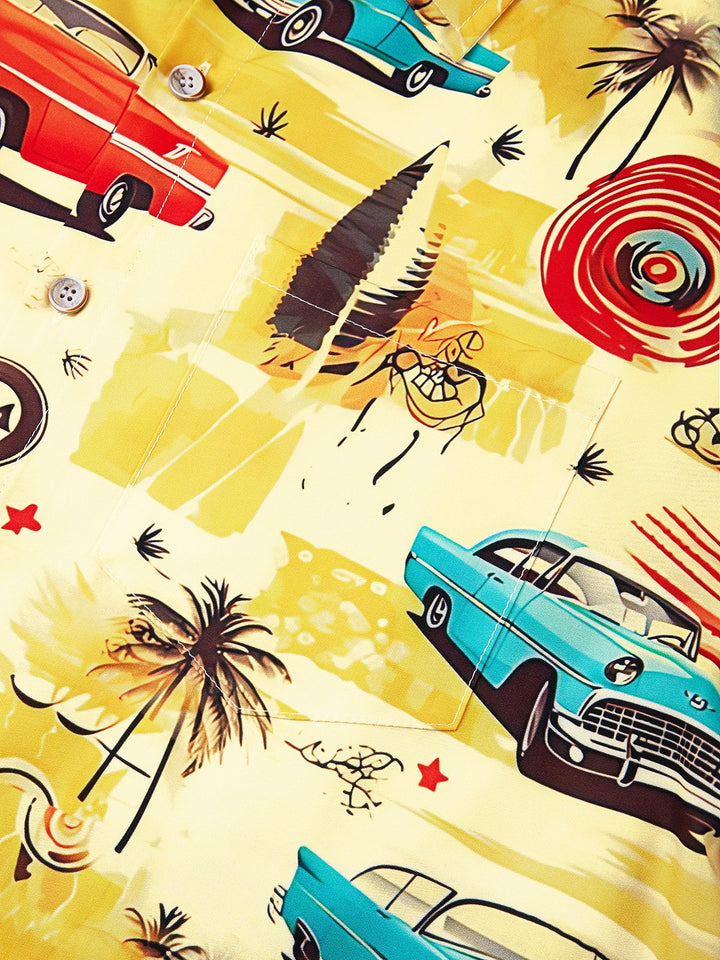 Camisa de manga corta con bolsillo abotonado y estampado de coches retro para hombre de Alohadaddy