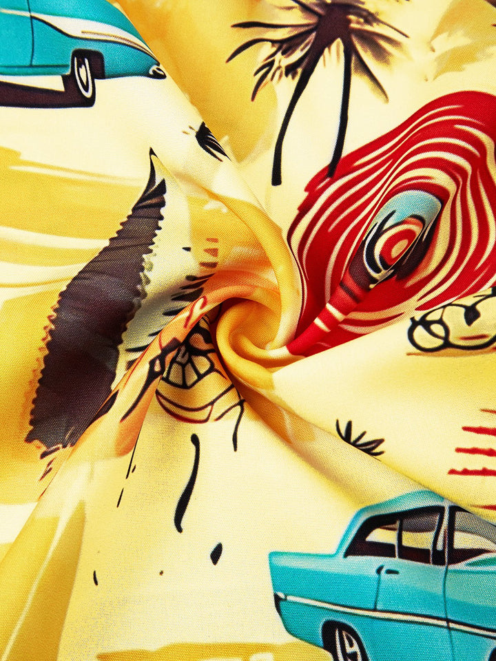 Camisa de manga corta con bolsillo abotonado y estampado de coches retro para hombre de Alohadaddy