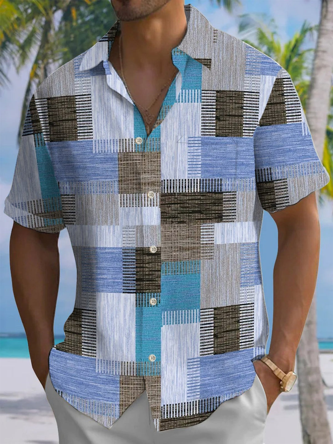 Alohadaddy® Casual Geometric Art Print Chest Pocket Men&