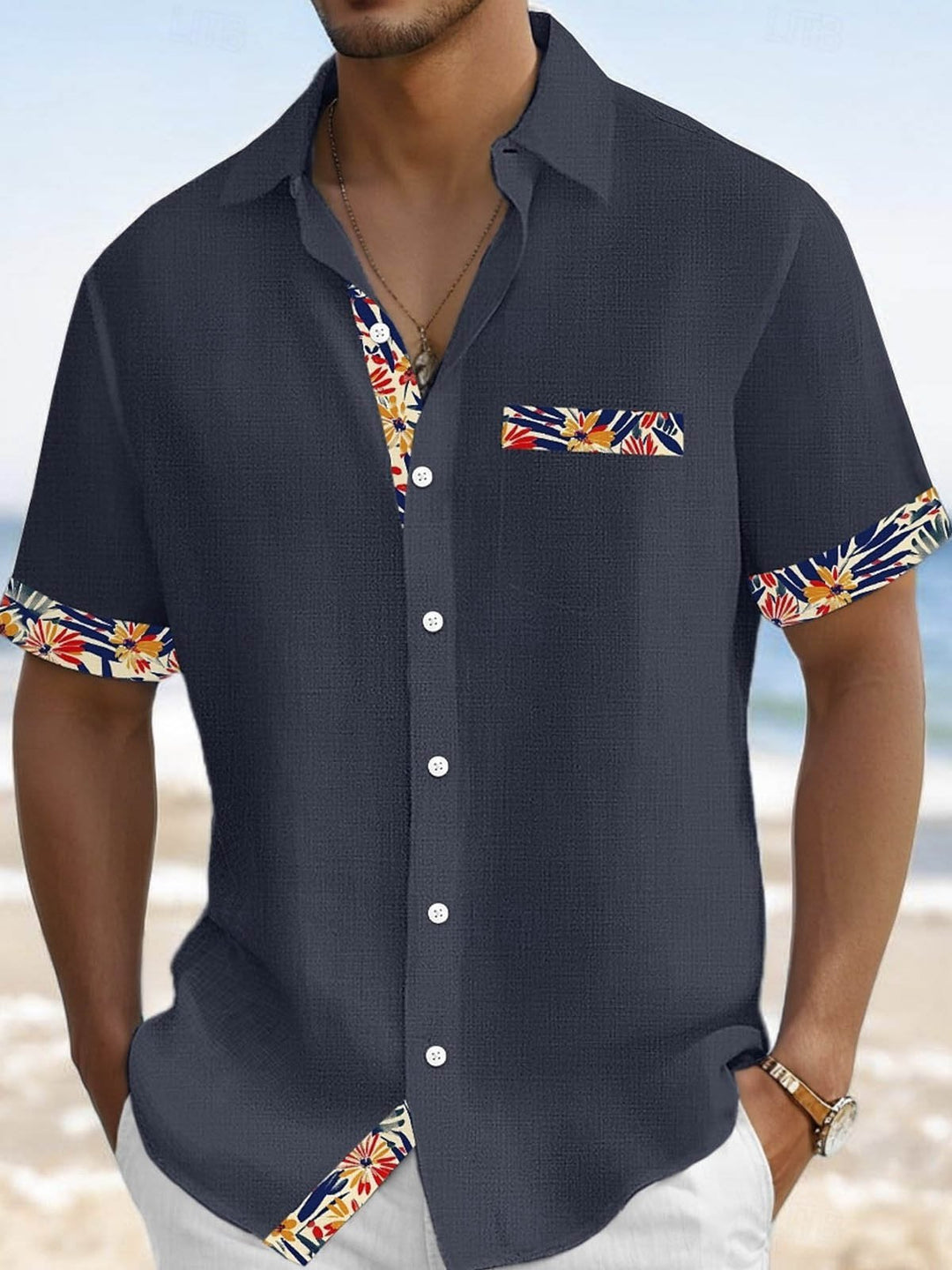 Alohadaddy® Casual Contrast Print Stretch Large Size Chest Pocket Men&