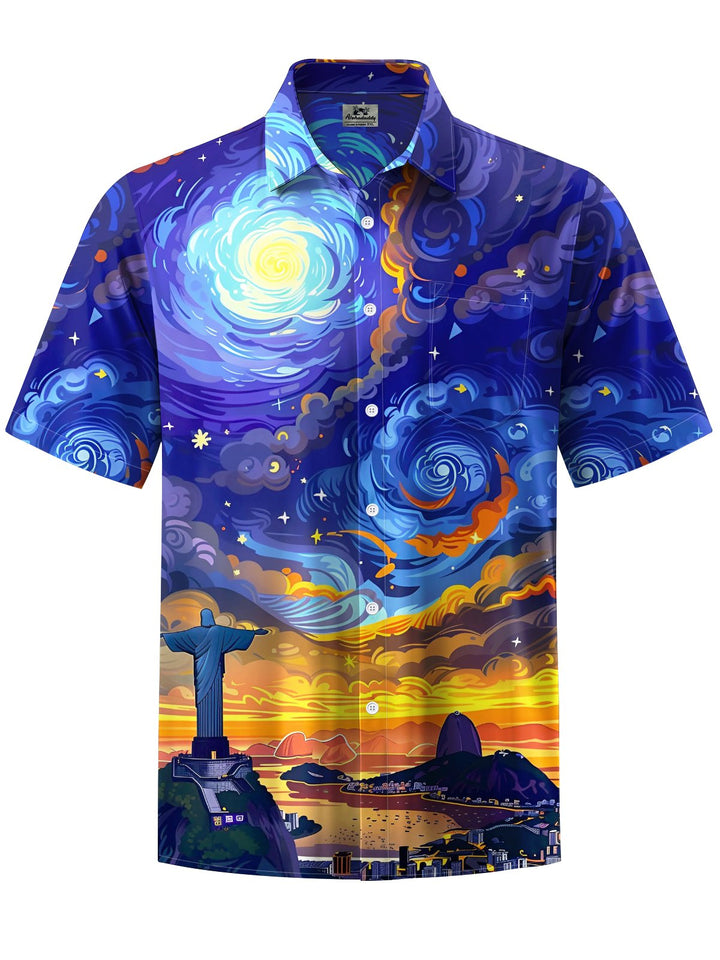 Alohadaddy® Vintage Oil Painting Starry Sky Print Art Chest Pocket Men&