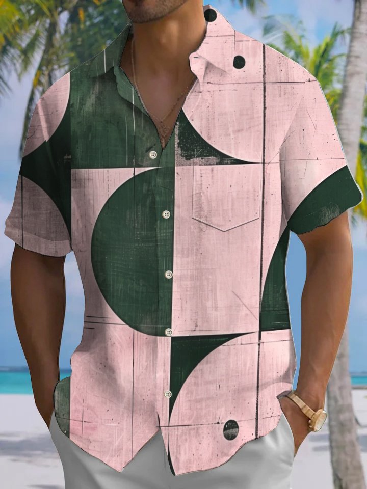Alohadaddy® Casual Retro Geometric Art Print Chest Pocket Men&