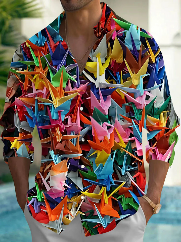 Alohadaddy® Casual Origami Crane Printed Art Chest Pocket Men&