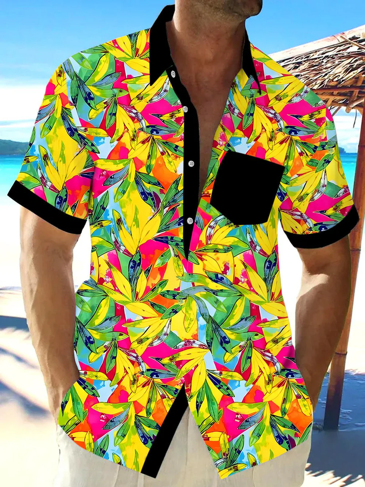 Alohadaddy® Hawaiian Leaf Contrast Art Print with Chest Pocket for Men&