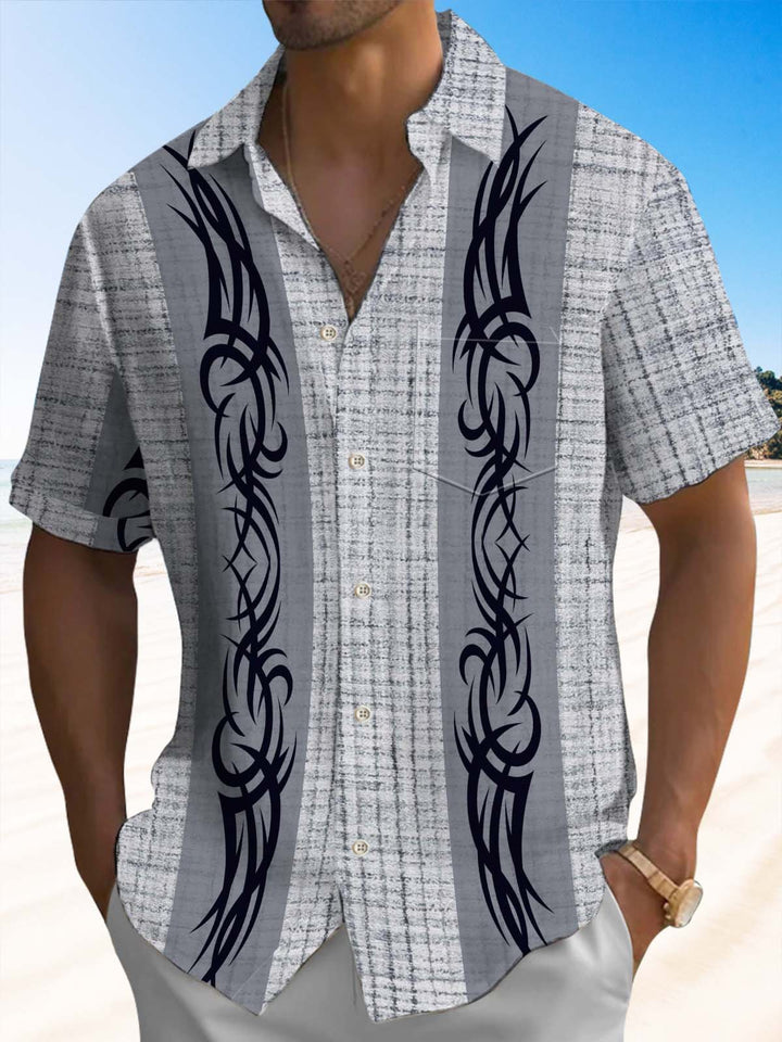 Alohadaddy® Casual Striped Maori Tattoo Art Print Chest Pocket Stretch Men&