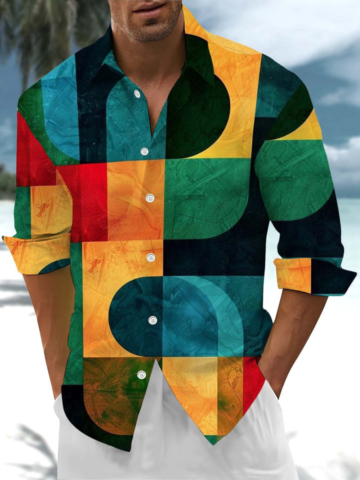 Alohadaddy® Retro Geometric Art Print Chest Pocket Stretch Men&