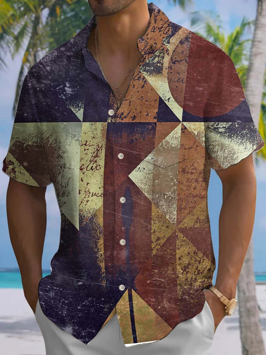 Alohadaddy® Vintage Geometric Art Print Chest Pocket Stretch Men&
