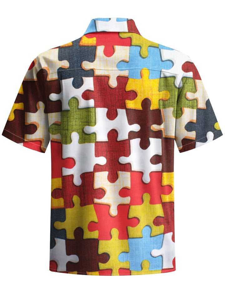 Alohadaddy® Vintage Geometric Puzzle Print Button Pocket Stretch Men&