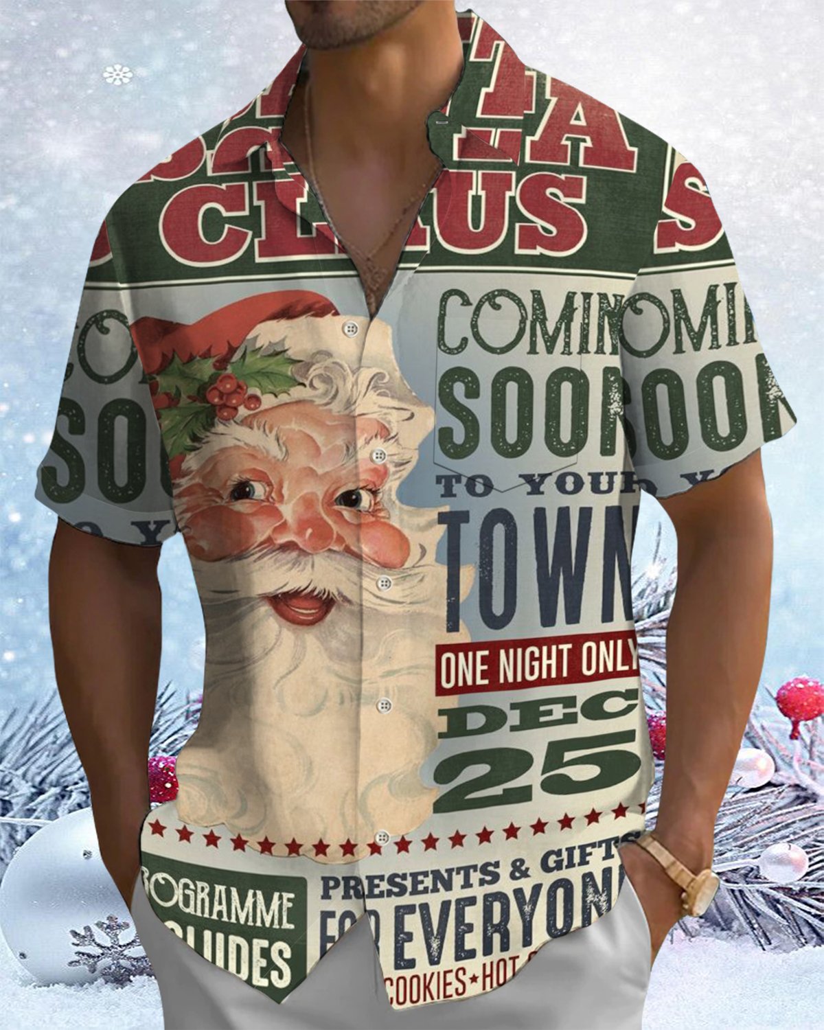 Alohadaddy® Christmas Vintage Santa Poster Print Pocket Elastic Button Men's Short Sleeve Shirt Big & Tall