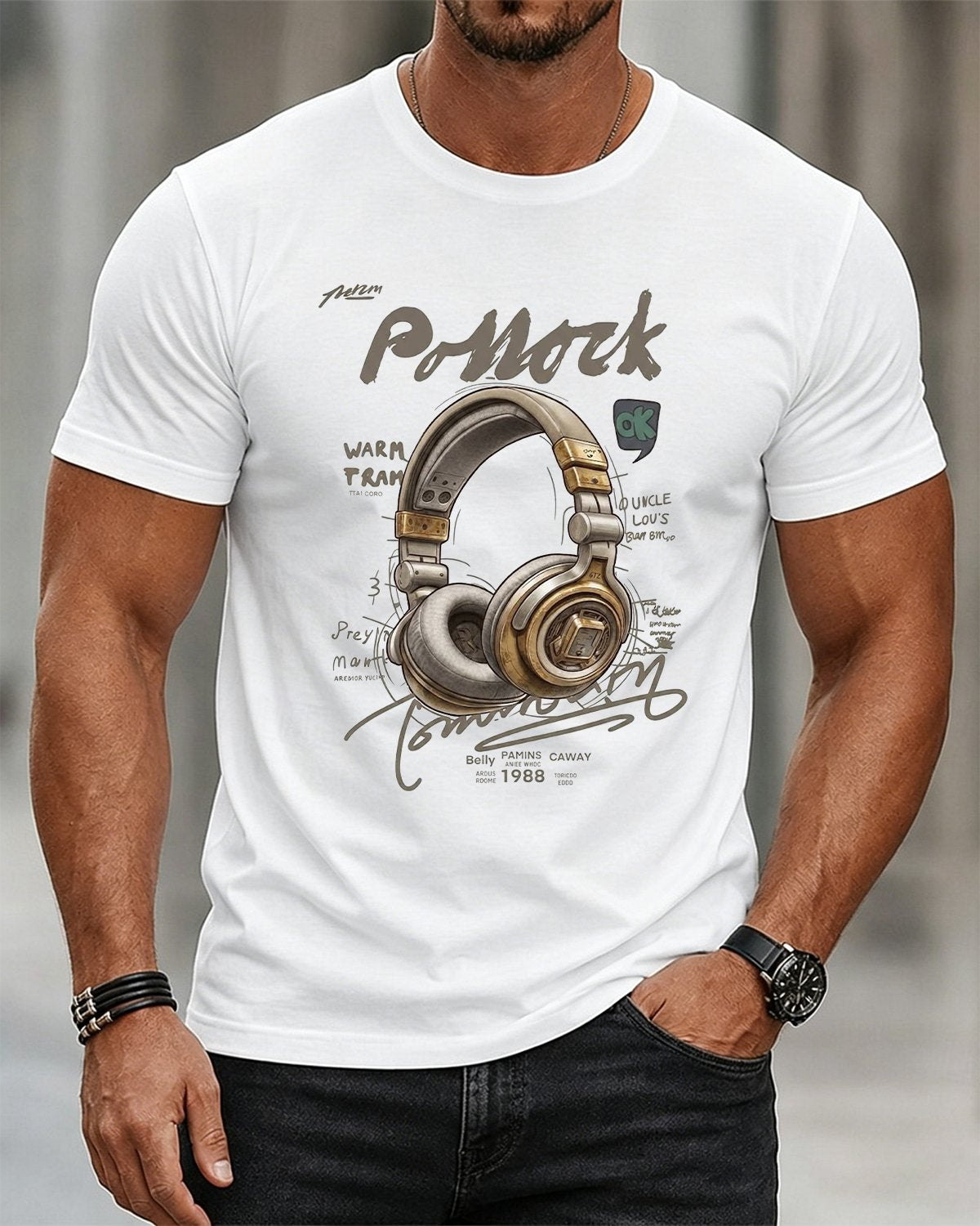 Alohadaddy® Men's Casual Retro Street-Style Rock Headphone Graphic Short-Sleeve T-Shirt