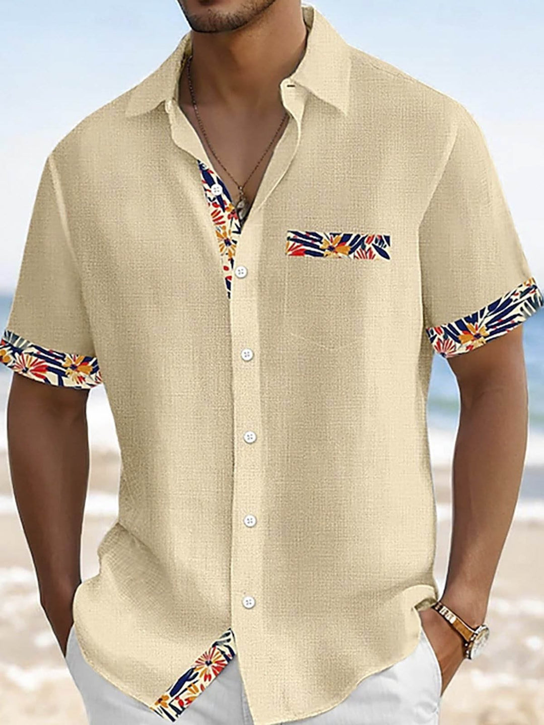 Alohadaddy® Casual Contrast Print Stretch Large Size Chest Pocket Men&